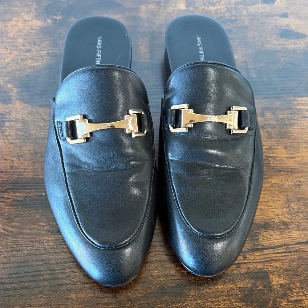 Saks Fifth Avenue Black Leather Slip-On Loafers with Gold Tone Bit - Picture 5 of 6